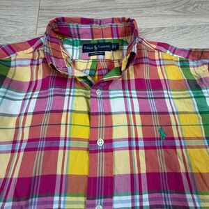 Vintage Ralph Lauren Classic Fit Plaid Button Down Multicolor Cotton Madras Sz L